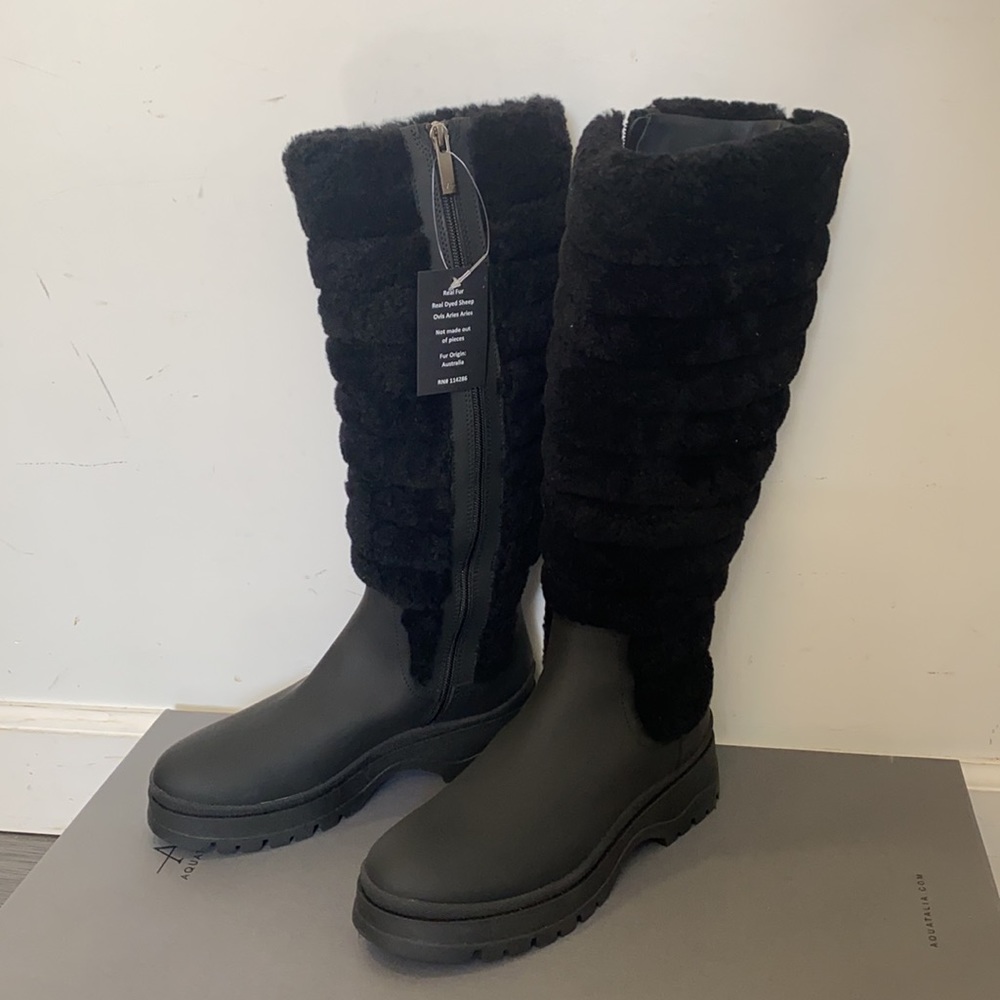 Aquatalia Black Shearling-Trim Waterproof Knee Boots